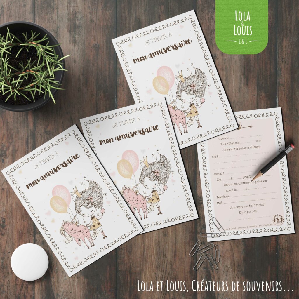 invitation anniversaire Lola et Louis sur les thèmes princesses et licorne