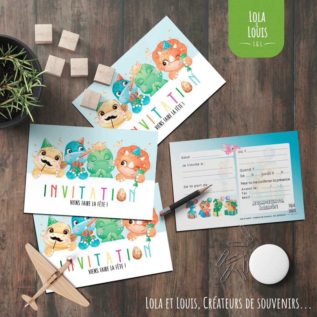 invitation anniversaire Lola et Louis sur le thème des dinosaures